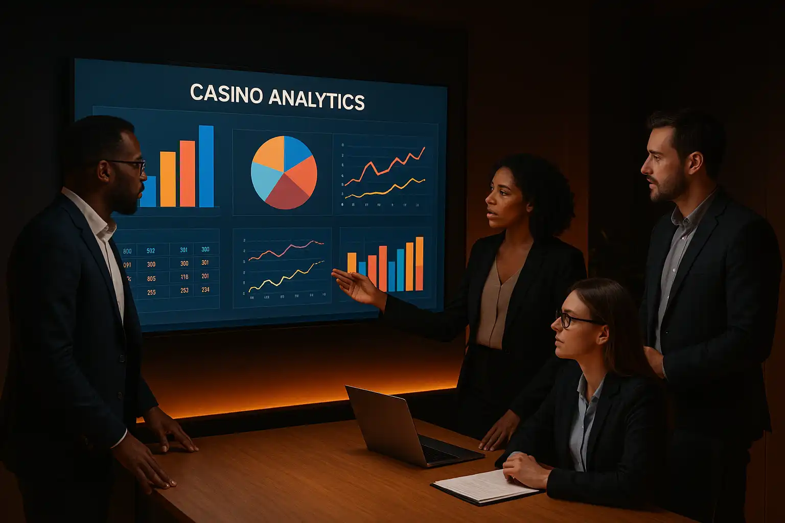 Team of casino staff reviewing game analytics on a large screen
