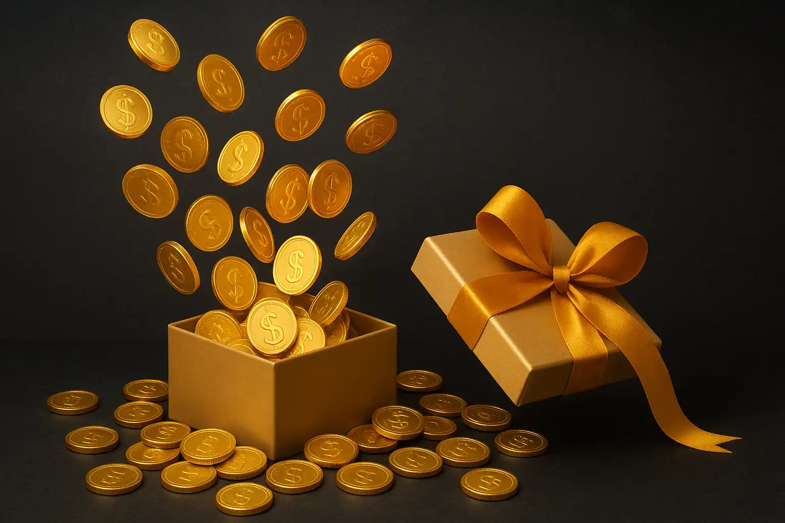 Stack of golden coins and a gift box representing casino bonus offers