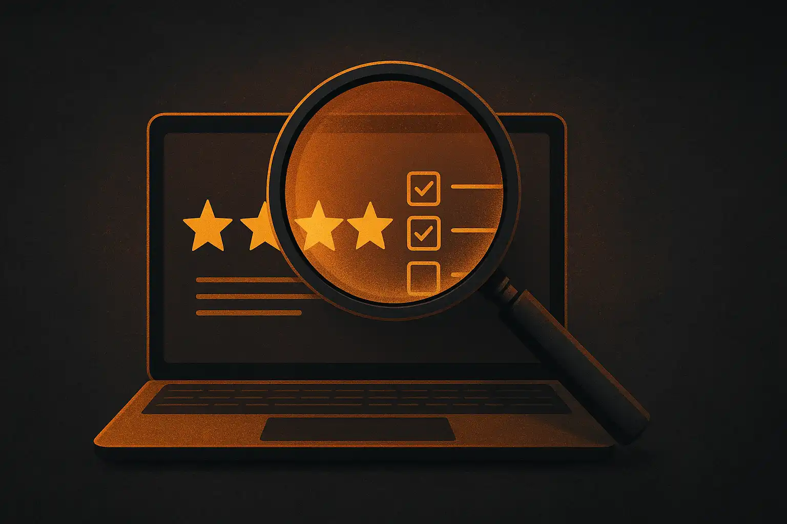 Magnifying glass over a laptop showing a casino review scorecard